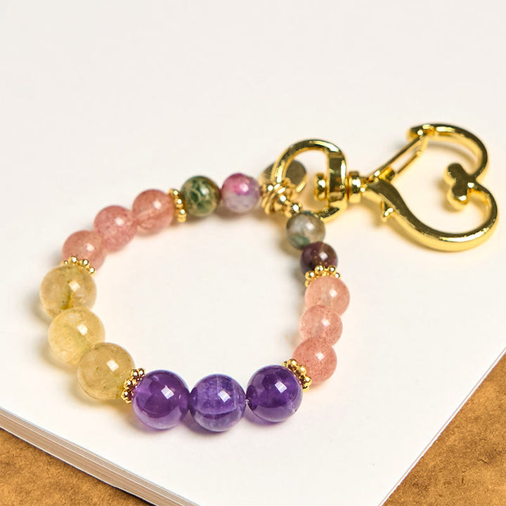 Buddha Stones Natural Strawberry Quartz Amethyst Citrine Beads Love Key Chain Hanging Decoration - Strawberry Quartz Amethyst Citrine - image 0