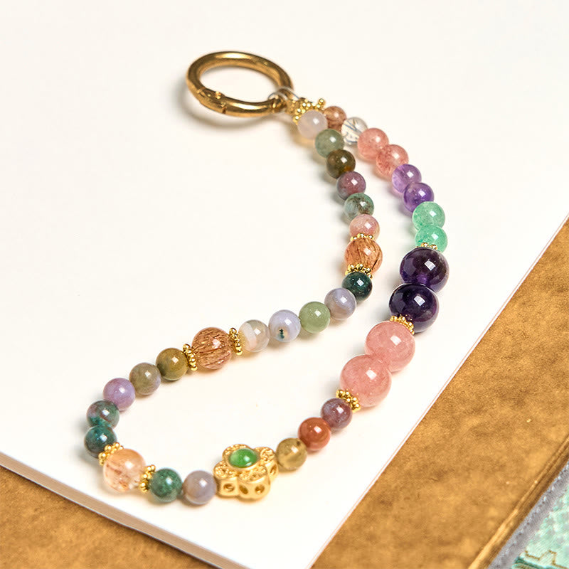Buddha Stones Natural Tourmaline Strawberry Quartz Amethyst Positive Key Chain Phone Hanging Decoration - Tourmaline Amethyst Strawberry Quartz - image 0