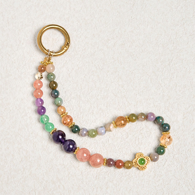 Buddha Stones Natural Tourmaline Strawberry Quartz Amethyst Positive Key Chain Phone Hanging Decoration - image 1