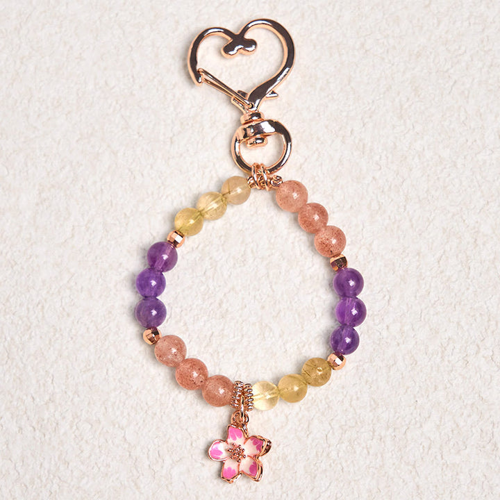 Buddha Stones Natural Strawberry Quartz Amethyst Citrine Love Flower Charm Key Chain Hanging Decoration - image 1