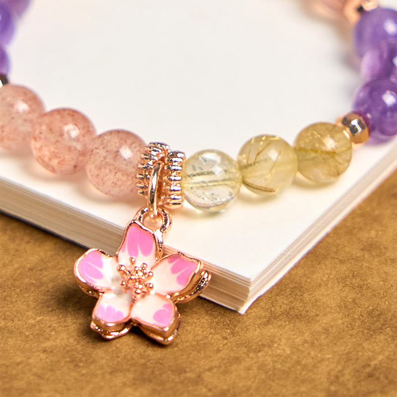 Buddha Stones Natural Strawberry Quartz Amethyst Citrine Love Flower Charm Key Chain Hanging Decoration - image 2