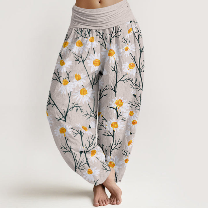 Buddha Stones White Petals Daisy Pattern Women's Elastic Waist Harem Pants - Beige - US22,UK/AU26,EU54 (6XL) - image 7