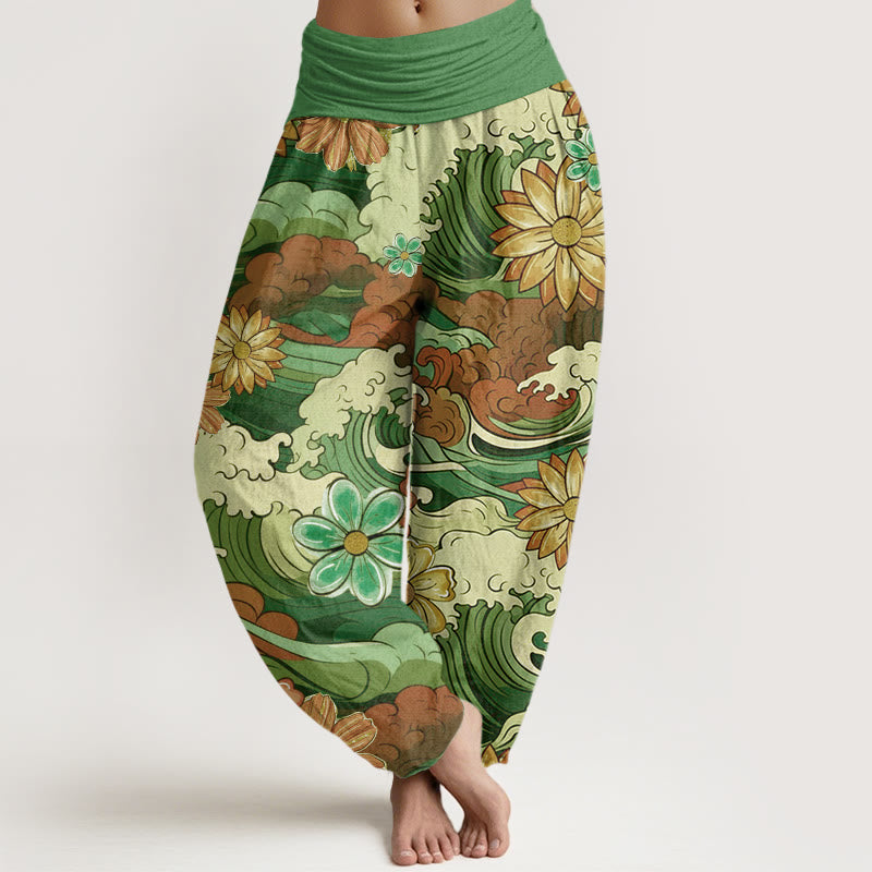Buddha Stones Colorful Ocean Wave Various Flower Pattern Women's Elastic Waist Harem Pants - Green - US22,UK/AU26,EU54 (6XL) - image 4