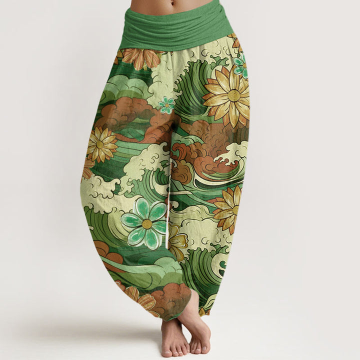 Buddha Stones Colorful Ocean Wave Various Flower Pattern Women's Elastic Waist Harem Pants - Green - US22,UK/AU26,EU54 (6XL) - image 4