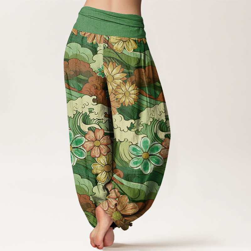 Buddha Stones Colorful Ocean Wave Various Flower Pattern Women's Elastic Waist Harem Pants - image 5