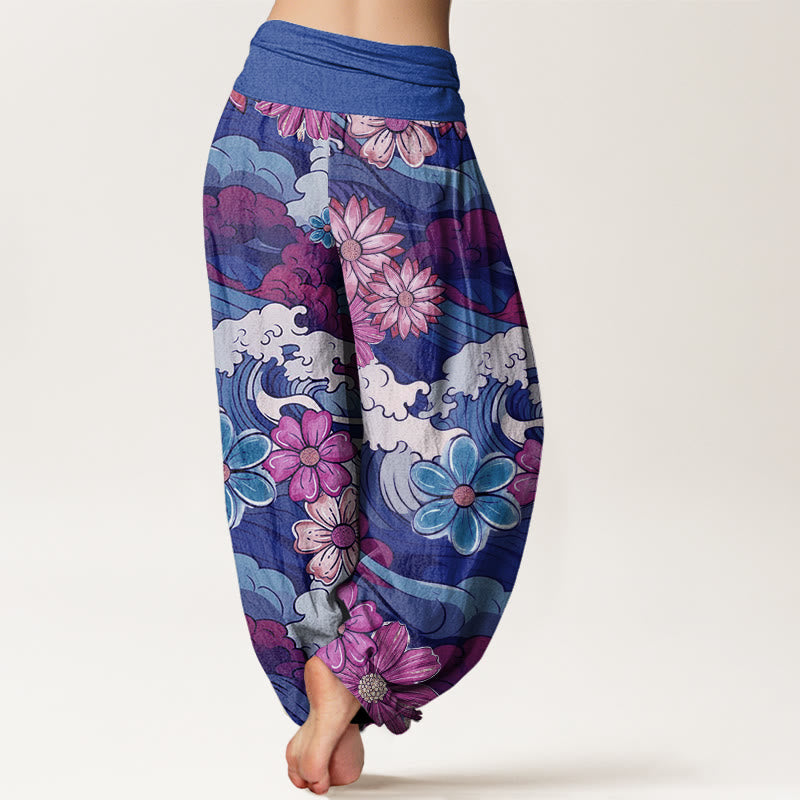 Buddha Stones Colorful Ocean Wave Various Flower Pattern Women's Elastic Waist Harem Pants - image 8