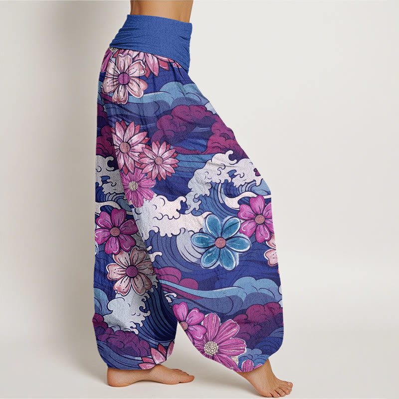 Buddha Stones Colorful Ocean Wave Various Flower Pattern Women's Elastic Waist Harem Pants - image 9