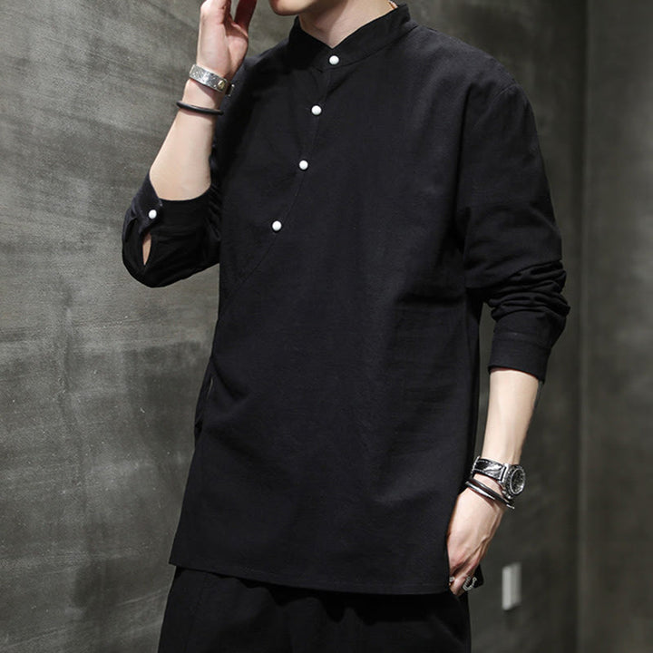 Buddha Stones Plain Lace-Up Simple Button Design Men's Long Sleeve Cotton Linen Shirt Clothing - image 1