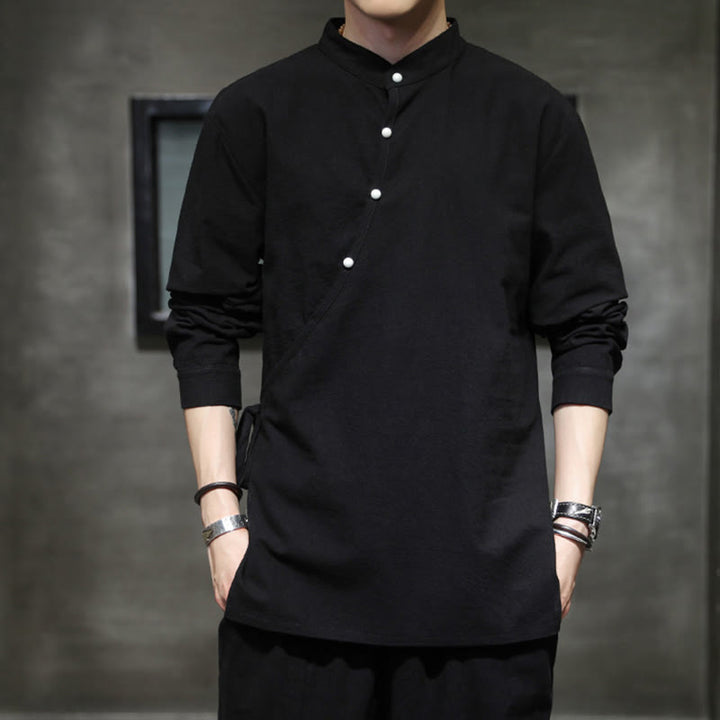 Buddha Stones Plain Lace-Up Simple Button Design Men's Long Sleeve Cotton Linen Shirt Clothing - Black - US/UK/AU46,EU56 (5XL) - image 0