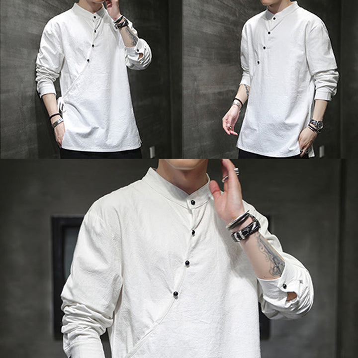 Buddha Stones Plain Lace-Up Simple Button Design Men's Long Sleeve Cotton Linen Shirt Clothing - image 20