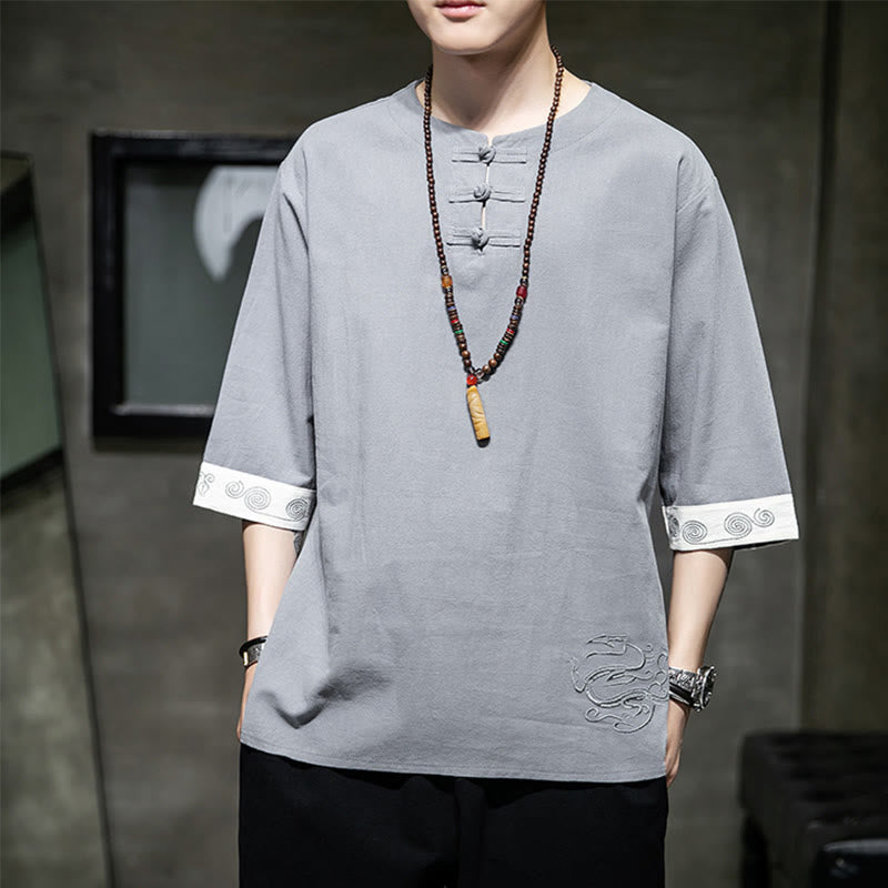 Buddha Stones Summer Embroidery Plain Frog-Button Men's Crew Neck Half Sleeve Cotton Linen Shirt Clothing - Silver - US/UK/AU46,EU56 (5XL) - image 0