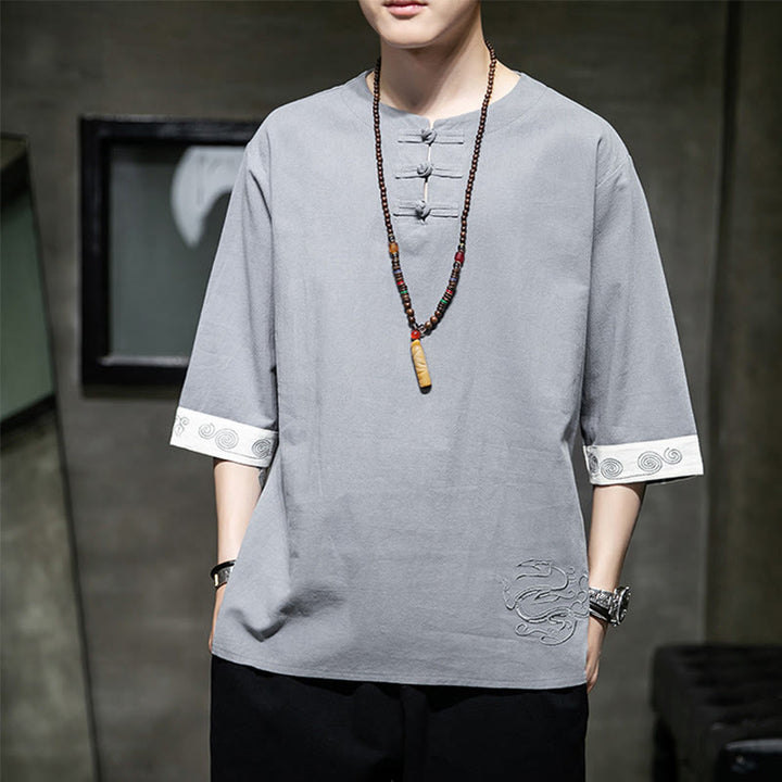 Buddha Stones Summer Embroidery Plain Frog-Button Men's Crew Neck Half Sleeve Cotton Linen Shirt Clothing - Silver - US/UK/AU46,EU56 (5XL) - image 0