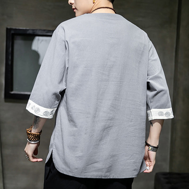 Buddha Stones Summer Embroidery Plain Frog-Button Men's Crew Neck Half Sleeve Cotton Linen Shirt Clothing - image 6