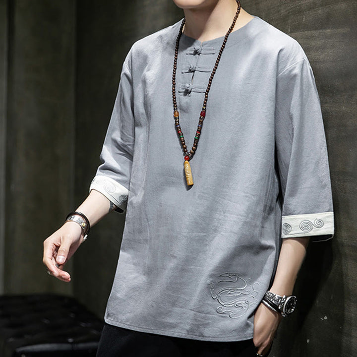 Buddha Stones Summer Embroidery Plain Frog-Button Men's Crew Neck Half Sleeve Cotton Linen Shirt Clothing - image 5