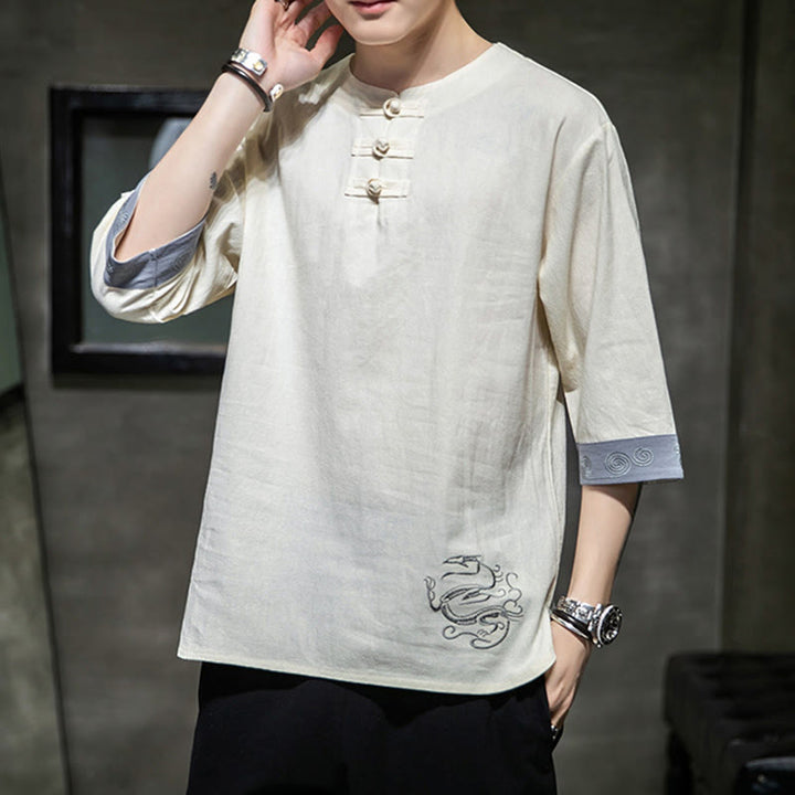 Buddha Stones Summer Embroidery Plain Frog-Button Men's Crew Neck Half Sleeve Cotton Linen Shirt Clothing - image 14