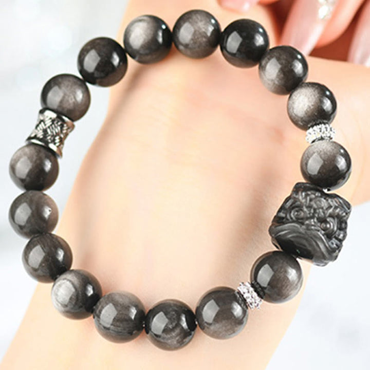 Buddha Stones Natural Silver Sheen Obsidian Lion Dance Protection Bracelet - image 10