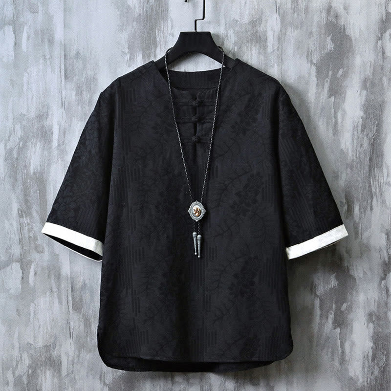 Buddha Stones Casual Retro Jacquard Chinese Frog-Button Design Men's Crew Neck Half Sleeve Cotton Shirt - Black - US/UK/AU46,EU56 (5XL) - image 3