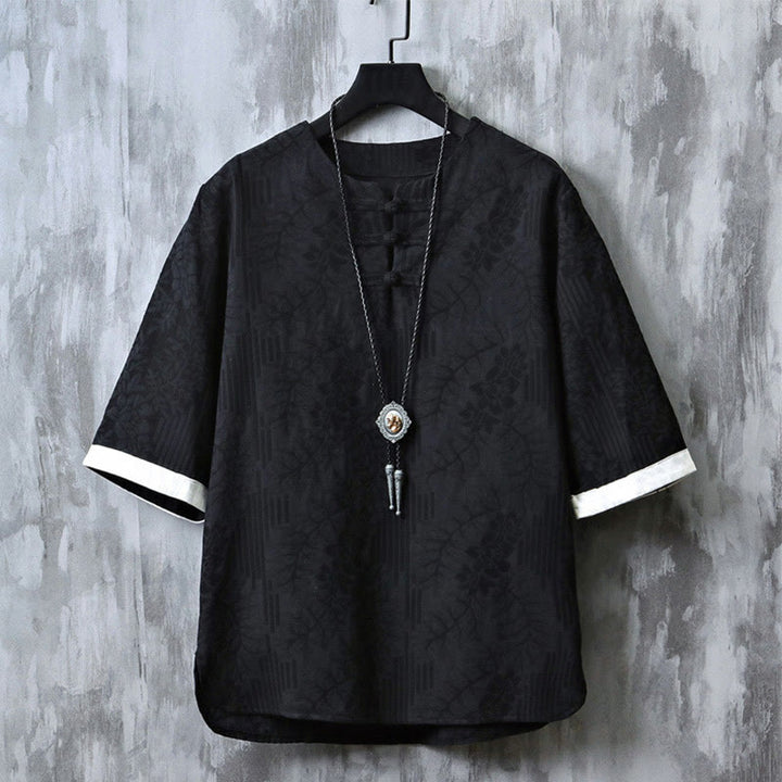 Buddha Stones Casual Retro Jacquard Chinese Frog-Button Design Men's Crew Neck Half Sleeve Cotton Shirt - Black - US/UK/AU46,EU56 (5XL) - image 3