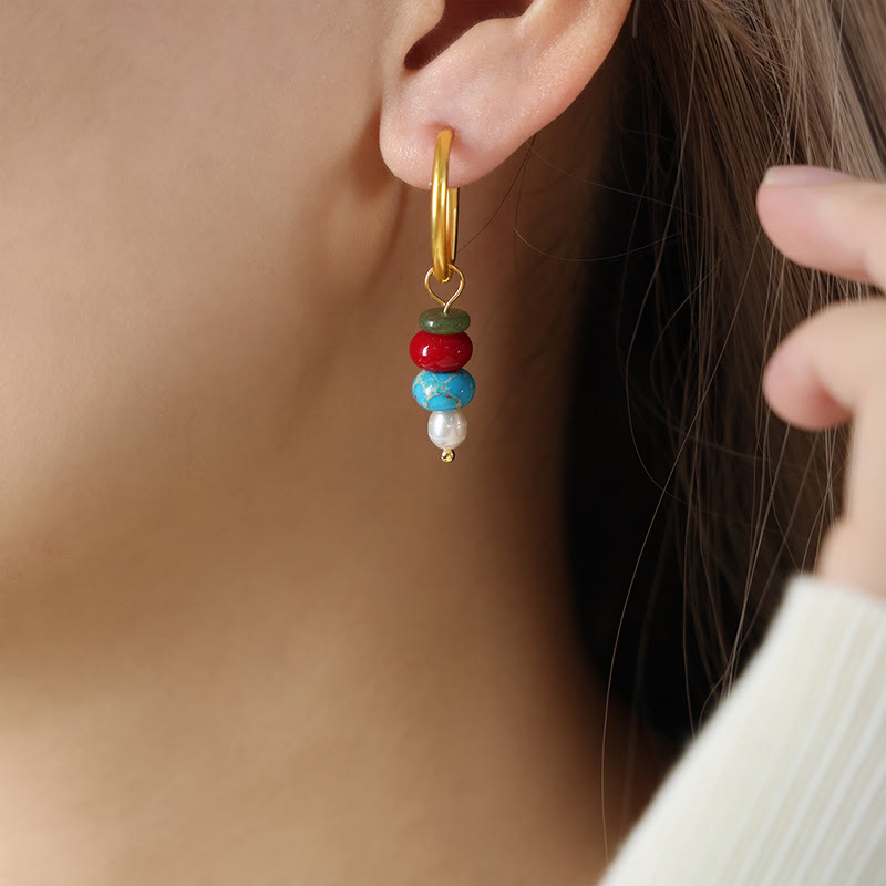 Buddha Stones Tibetan Marnyi Stone Design Natural Red Agate Pearl Confidence Titanium Steel Earrings - Red Natural Stone(Titanium Steel) - image 1