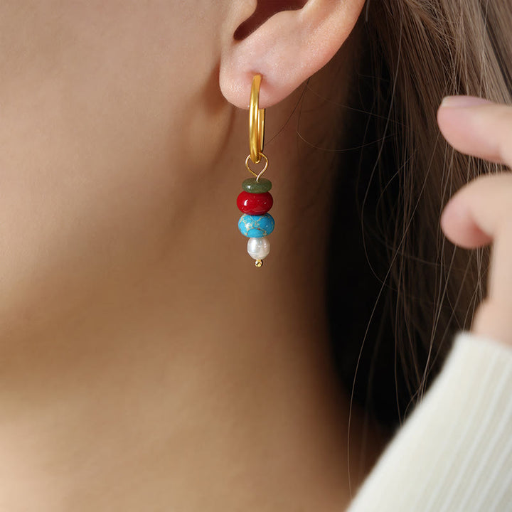 Buddha Stones Tibetan Marnyi Stone Design Natural Red Agate Pearl Confidence Titanium Steel Earrings - Red Natural Stone(Titanium Steel) - image 1