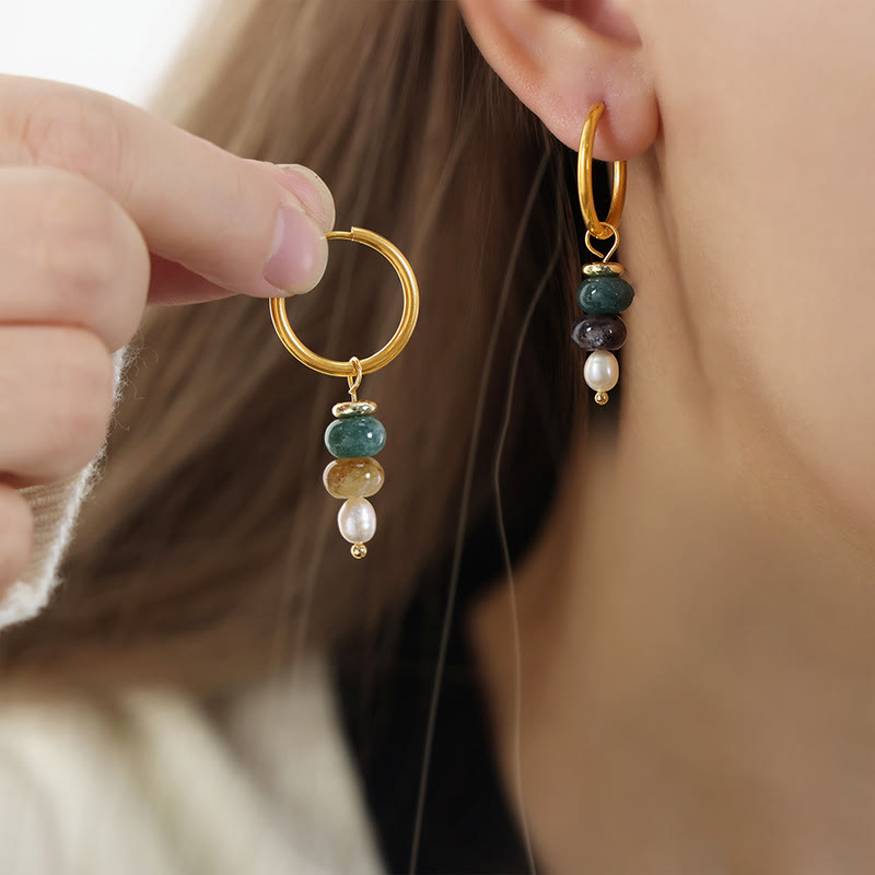 Buddha Stones Tibetan Marnyi Stone Design Natural Red Agate Pearl Confidence Titanium Steel Earrings - Yellow Natural Stone(Titanium Steel) - image 5