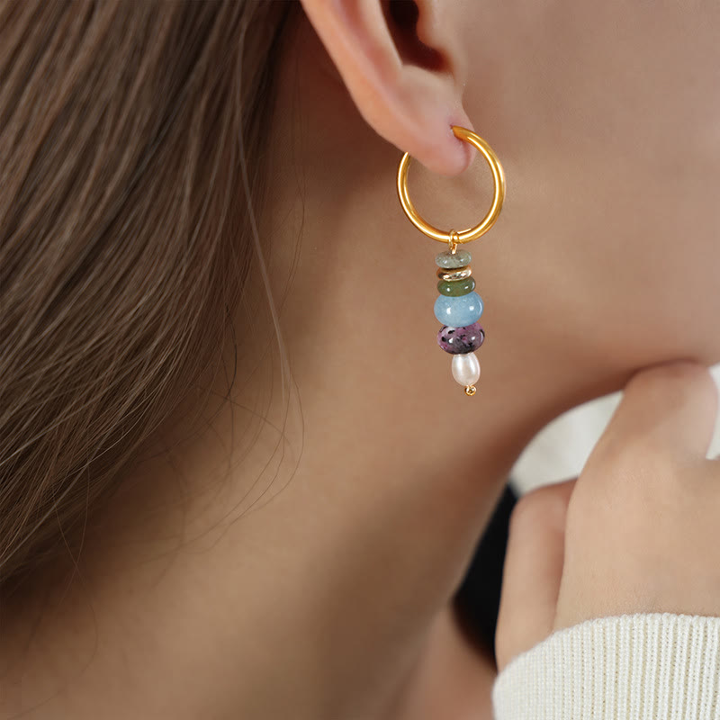 Buddha Stones Tibetan Marnyi Stone Design Natural Red Agate Pearl Confidence Titanium Steel Earrings - Blue Natural Stone(Titanium Steel) - image 6