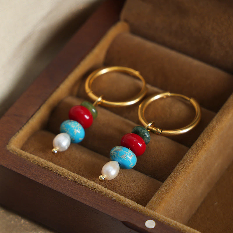 Buddha Stones Tibetan Marnyi Stone Design Natural Red Agate Pearl Confidence Titanium Steel Earrings - image 2