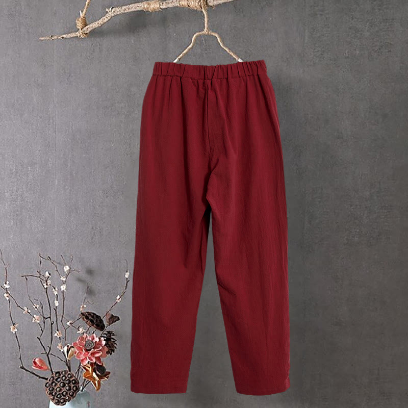 Buddha Stones Casual Pure Color Hollow Button Cuff Design Women's Cotton Linen Pants With Pockets - image 14