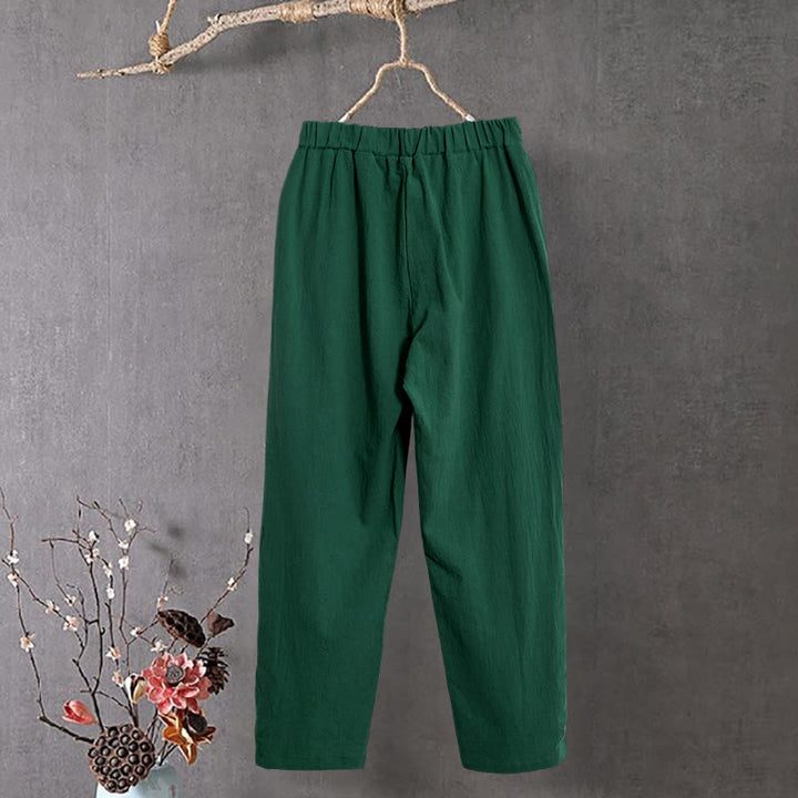 Buddha Stones Casual Pure Color Hollow Button Cuff Design Women's Cotton Linen Pants With Pockets - image 20