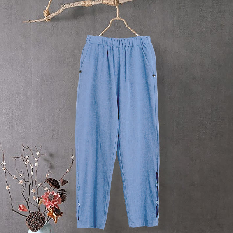 Buddha Stones Casual Pure Color Hollow Button Cuff Design Women's Cotton Linen Pants With Pockets - CornflowerBlue - US14,UK/AU18,EU46 (3XL) - image 16