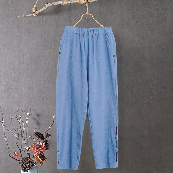 Buddha Stones Casual Pure Color Hollow Button Cuff Design Women's Cotton Linen Pants With Pockets - CornflowerBlue - US14,UK/AU18,EU46 (3XL) - image 16