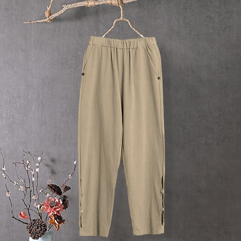 Buddha Stones Casual Pure Color Hollow Button Cuff Design Women's Cotton Linen Pants With Pockets - PaleGoldenrod - US14,UK/AU18,EU46 (3XL) - image 1