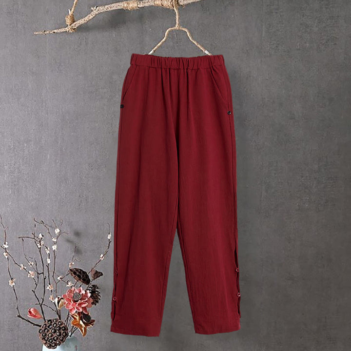 Buddha Stones Casual Pure Color Hollow Button Cuff Design Women's Cotton Linen Pants With Pockets - FireBrick - US14,UK/AU18,EU46 (3XL) - image 12