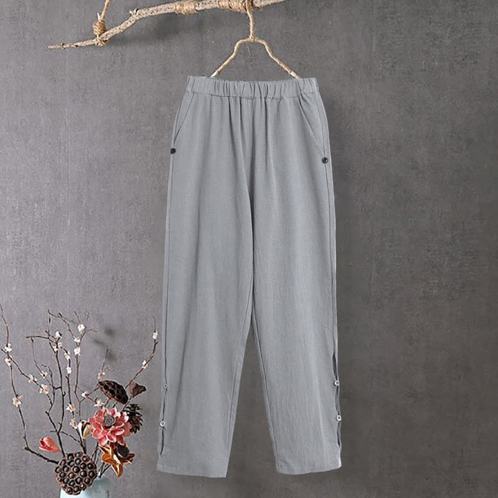 Buddha Stones Casual Pure Color Hollow Button Cuff Design Women's Cotton Linen Pants With Pockets - Silver - US14,UK/AU18,EU46 (3XL) - image 22