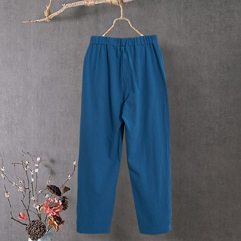 Buddha Stones Casual Pure Color Hollow Button Cuff Design Women's Cotton Linen Pants With Pockets - image 26