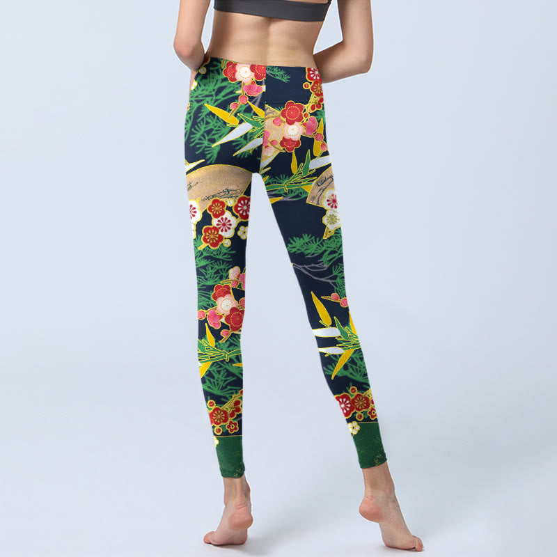 Buddha Stones Red Flowers Yellow-green Bamboo Pine Trees Print Gym Leggings Women's Yoga Pants - image 6