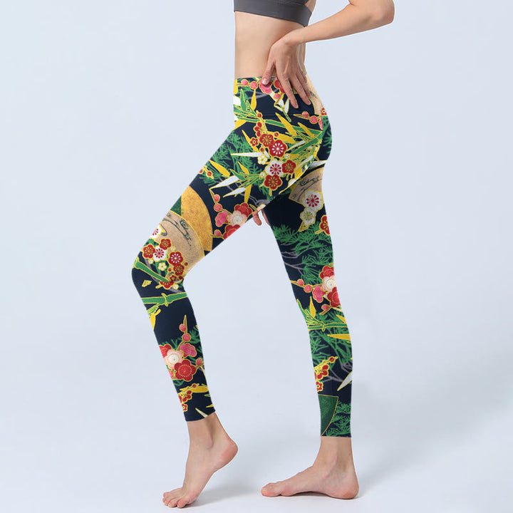 Buddha Stones Red Flowers Yellow-green Bamboo Pine Trees Print Gym Leggings Women's Yoga Pants - image 2