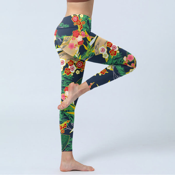 Buddha Stones Red Flowers Yellow-green Bamboo Pine Trees Print Gym Leggings Women's Yoga Pants - image 3