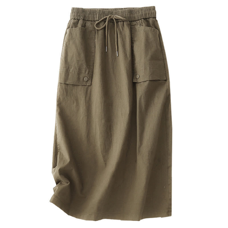 Buddha Stones Vintage Plain Drawstring Button Design Slide Slite Women's Cotton Linen 7-8 Length Skirt With Pockets - image 6