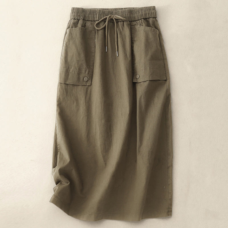 Buddha Stones Vintage Plain Drawstring Button Design Slide Slite Women's Cotton Linen 7-8 Length Skirt With Pockets - Olive - US8-10,UK/AU12-14,EU40-42 (2XL) - image 0
