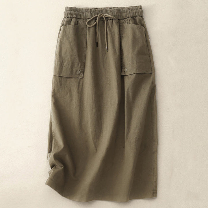 Buddha Stones Vintage Plain Drawstring Button Design Slide Slite Women's Cotton Linen 7-8 Length Skirt With Pockets - Olive - US8-10,UK/AU12-14,EU40-42 (2XL) - image 0
