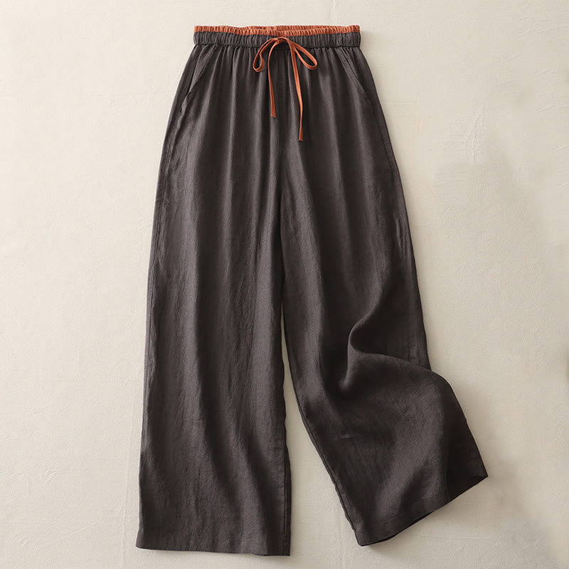 Buddha Stones Casual Colorblock Drawstring Women's Cotton Wide Leg Pants With Pockets - SaddleBrown - US14,UK/AU18,EU46 (3XL) - image 5