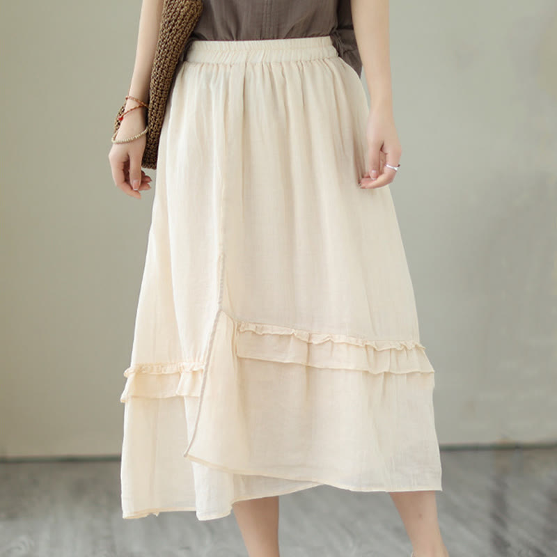 Buddha Stones Vintage Artistic Pure Color Ruffled Design Irregular Women's Cotton Linen Skirt - LightGoldenrodYellow - US8-10,UK/AU12-14,EU40-42 (2XL) - image 0