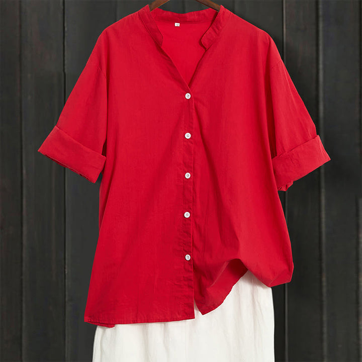 Buddha Stones Summer Casual Plain Breasted Notched Collar Short Sleeve Women's Cotton Linen Shirt - Crimson - US20,UK/AU24,EU52 (5XL) - image 12