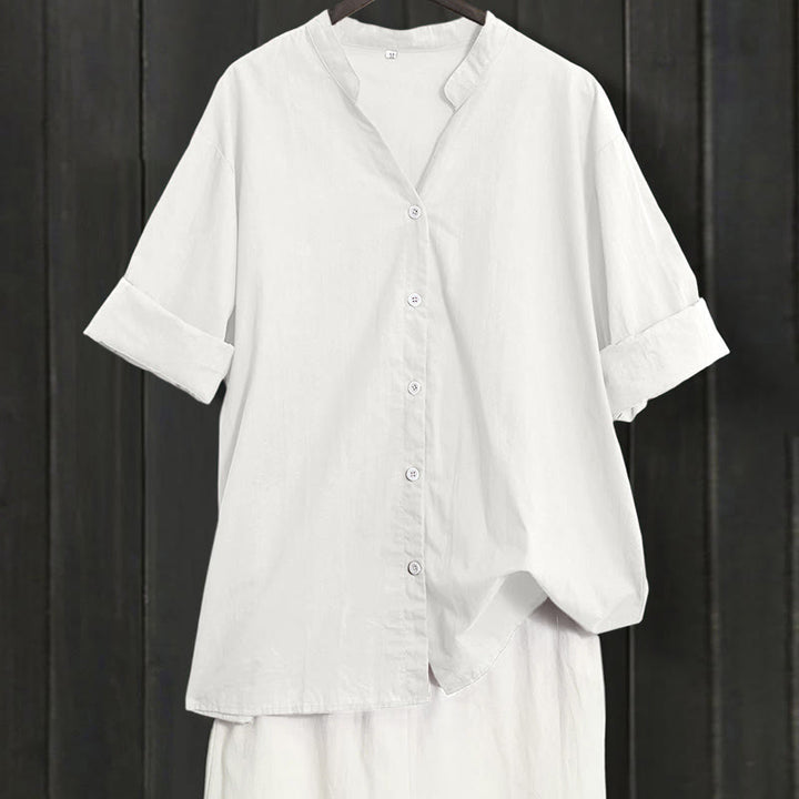 Buddha Stones Summer Casual Plain Breasted Notched Collar Short Sleeve Women's Cotton Linen Shirt - White - US20,UK/AU24,EU52 (5XL) - image 30