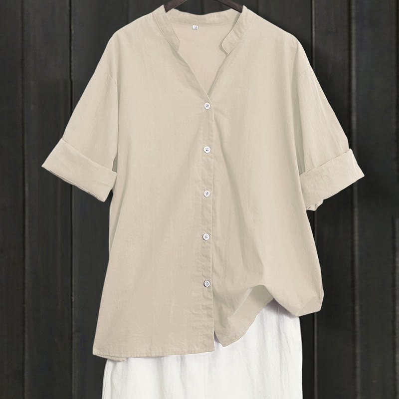 Buddha Stones Summer Casual Plain Breasted Notched Collar Short Sleeve Women's Cotton Linen Shirt - LightGoldenrodYellow - US20,UK/AU24,EU52 (5XL) - image 48