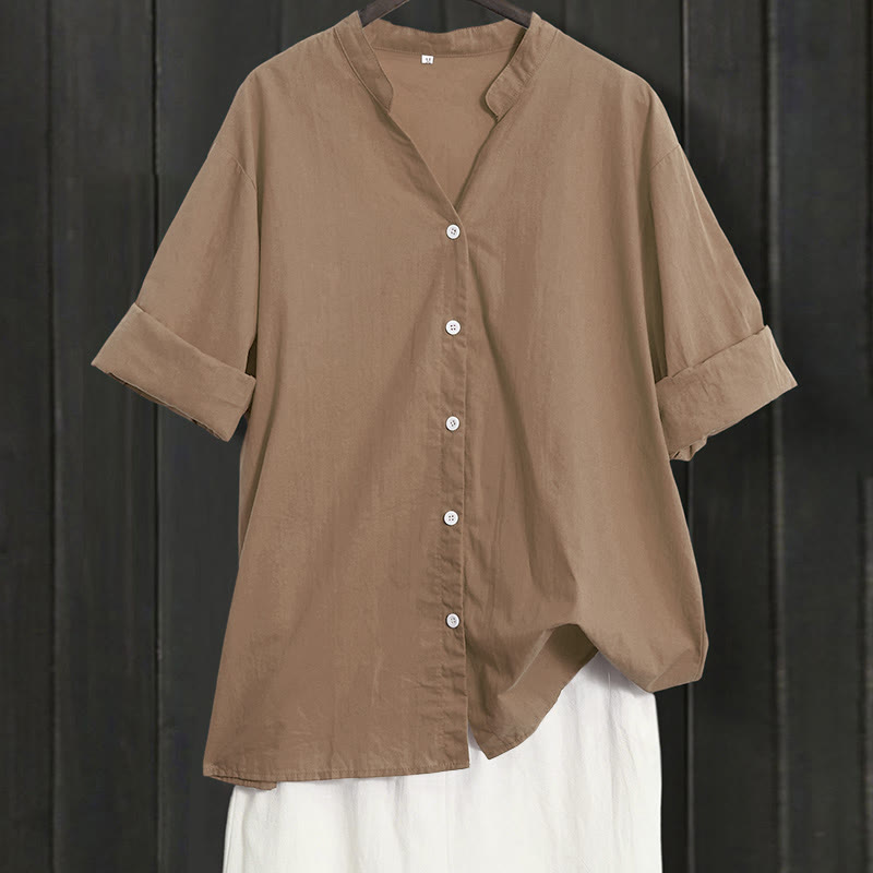 Buddha Stones Summer Casual Plain Breasted Notched Collar Short Sleeve Women's Cotton Linen Shirt - DarkGoldenrod - US20,UK/AU24,EU52 (5XL) - image 54