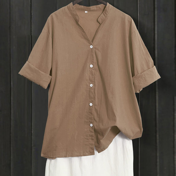Buddha Stones Summer Casual Plain Breasted Notched Collar Short Sleeve Women's Cotton Linen Shirt - DarkGoldenrod - US20,UK/AU24,EU52 (5XL) - image 54