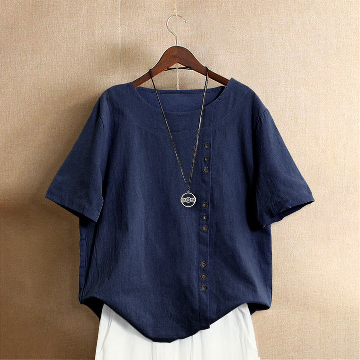 Buddha Stones Casual Summer Pure Color Jacquard Button Crew Neck Cotton Women's Short Sleeve T-Shirt - Navy - US20,UK/AU24,EU52 (5XL) - image 10