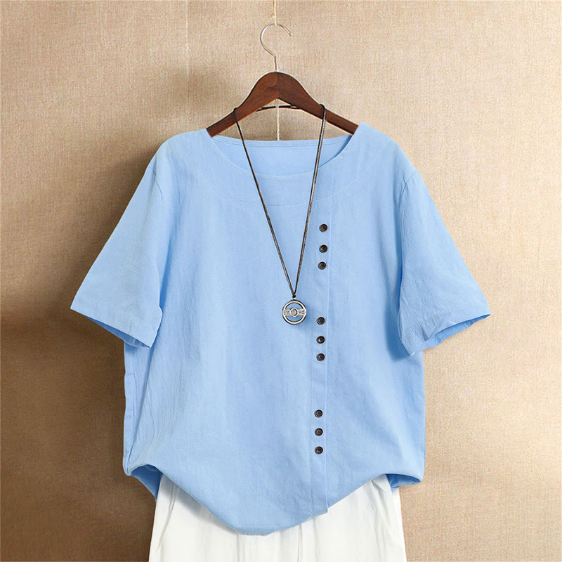 Buddha Stones Casual Summer Pure Color Jacquard Button Crew Neck Cotton Women's Short Sleeve T-Shirt - LightSkyBlue - US20,UK/AU24,EU52 (5XL) - image 15